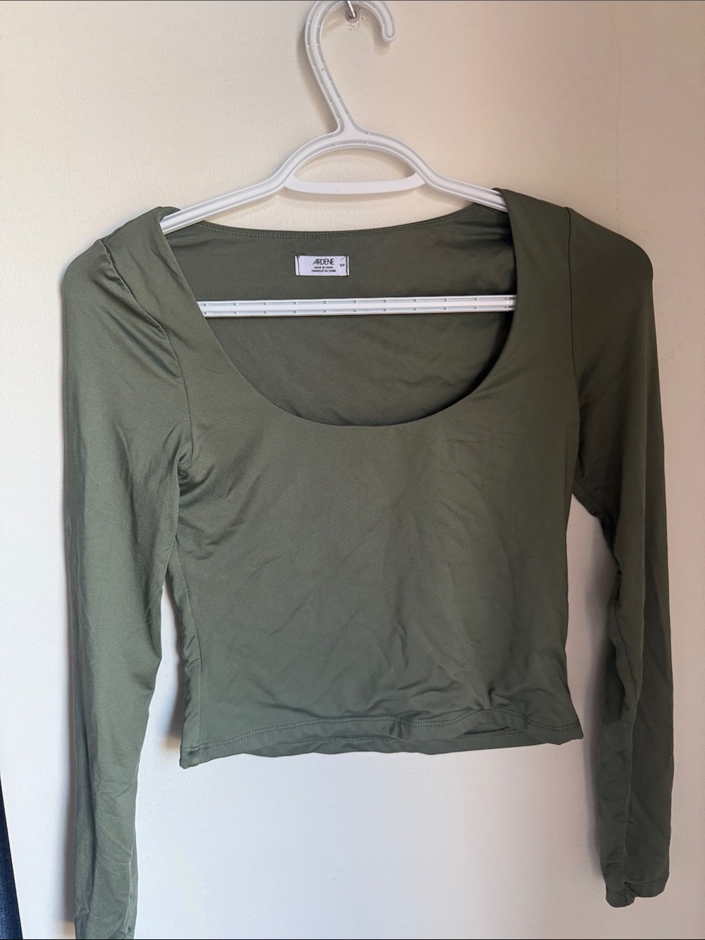 Ardene Olive Green Ruched Long Sleeve Crop Top | Scoop Neck Fitted Shirt